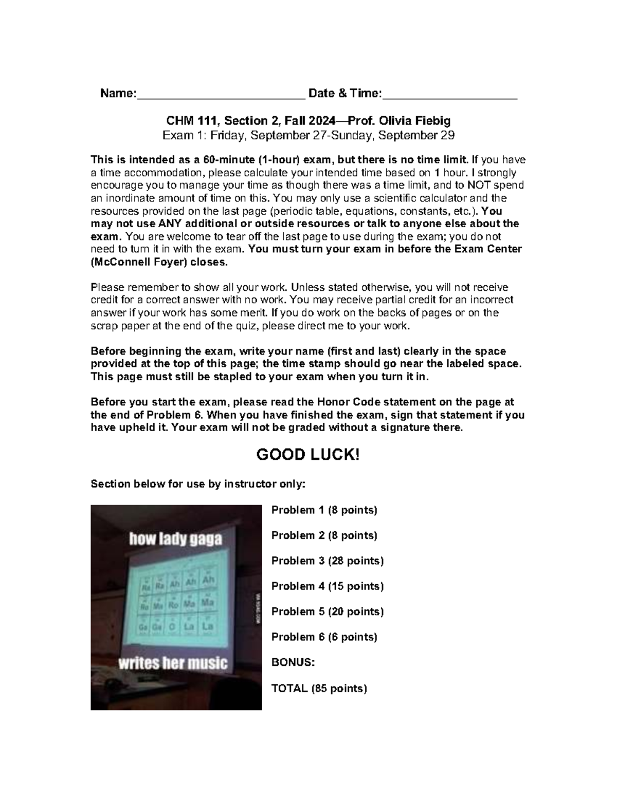 CHM 111 Exam 1 Instructions & Problems - Fall 2024 - Studocu