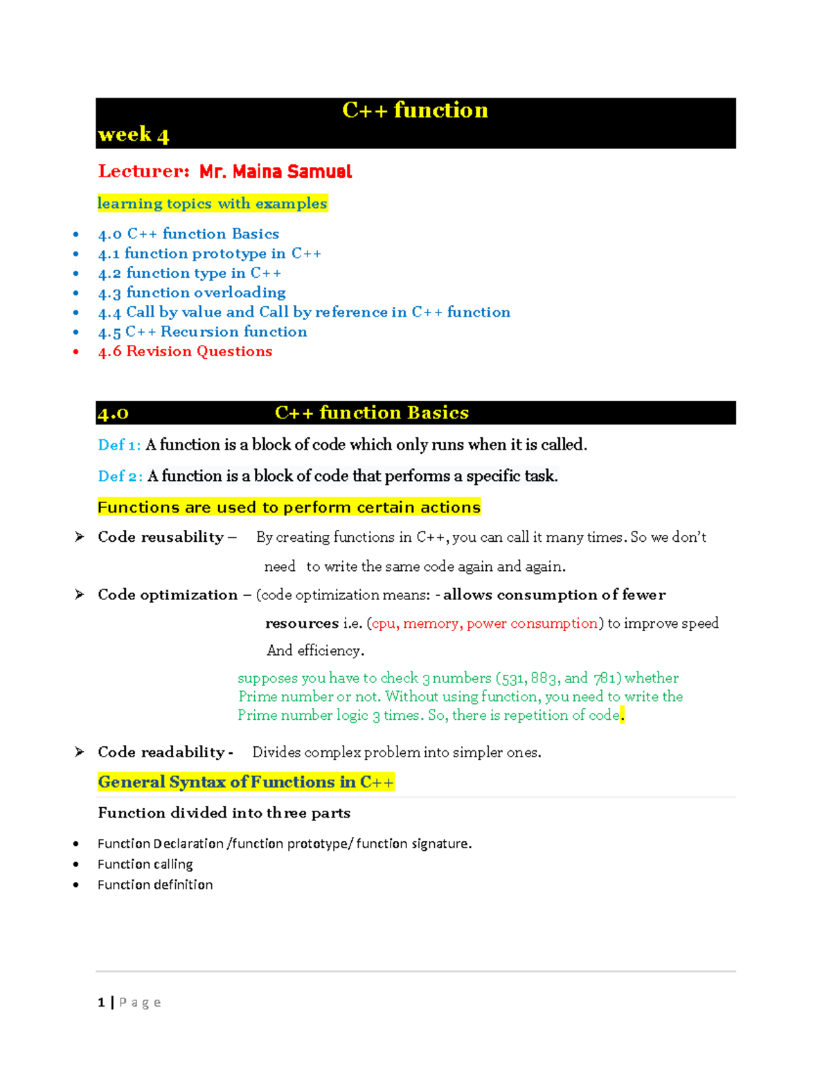 OOP1 lesson 4 - C++ function week 4 Lecturer: Mr. Maina Samuel learning ...