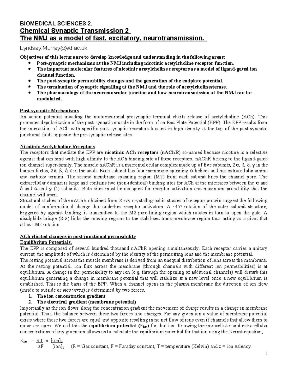 BMS2 Chemical Synaptic Transmission II Lecture Notes 2025-26 - Studocu