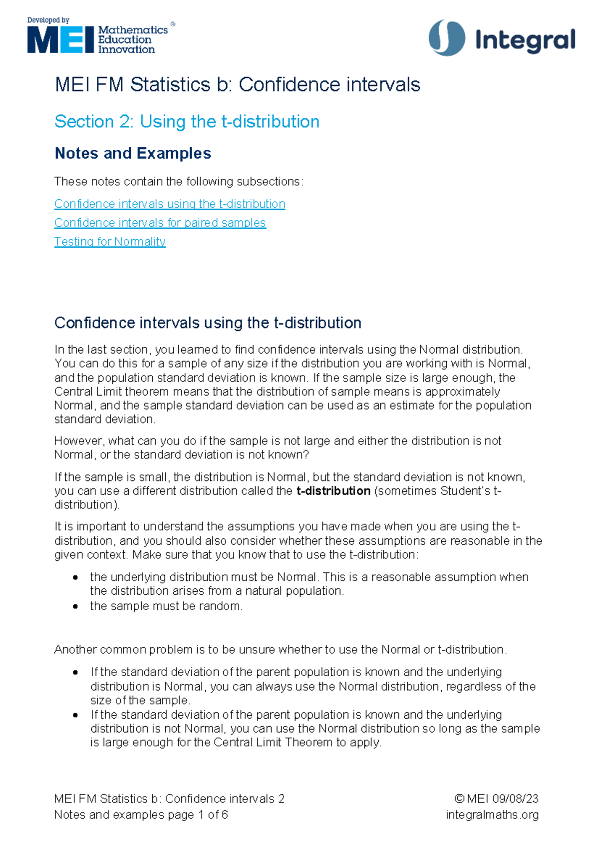 MEI FM Statistics B: Confidence Intervals & Paired Samples Notes - Studocu