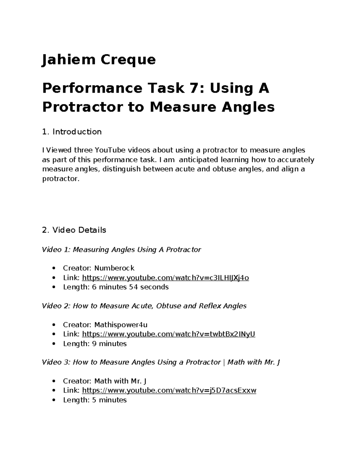 Jahiem creque protractor - Jahiem Creque Performance Task 7: Using A ...