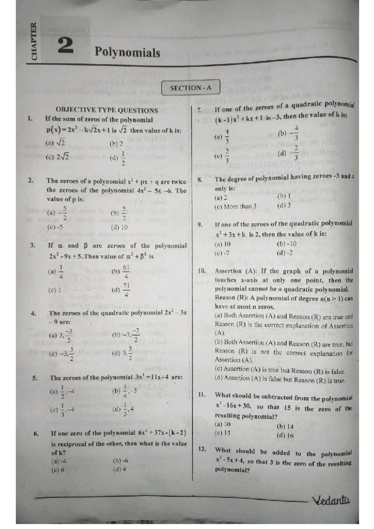CHAPTER 2: Polynomials - Objective Type Questions and Answers - Studocu