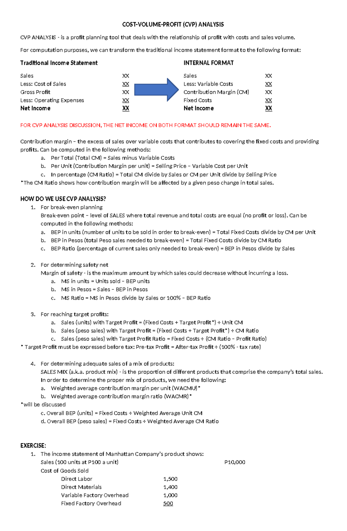 CVP Analysis Scoman 1 - Notes - COST-VOLUME-PROFIT (CVP) ANALYSIS CVP ...