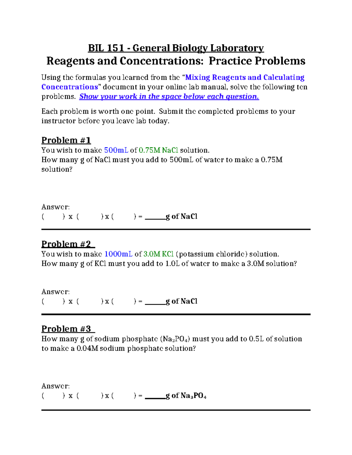 BIL 151 General Biology Lab: Reagent Concentration Practice Problems ...