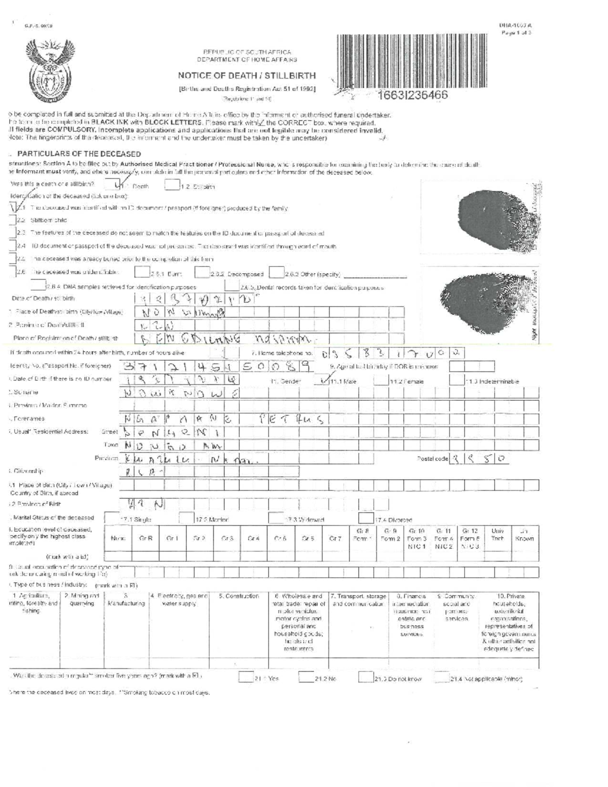 Notice of Death and Stillbirth Registration - Act 51 of 1992 - Studocu