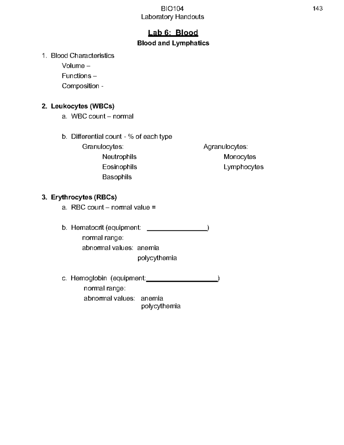 BIO104 Lab Notes: Blood and Lymphatics Overview - Studocu