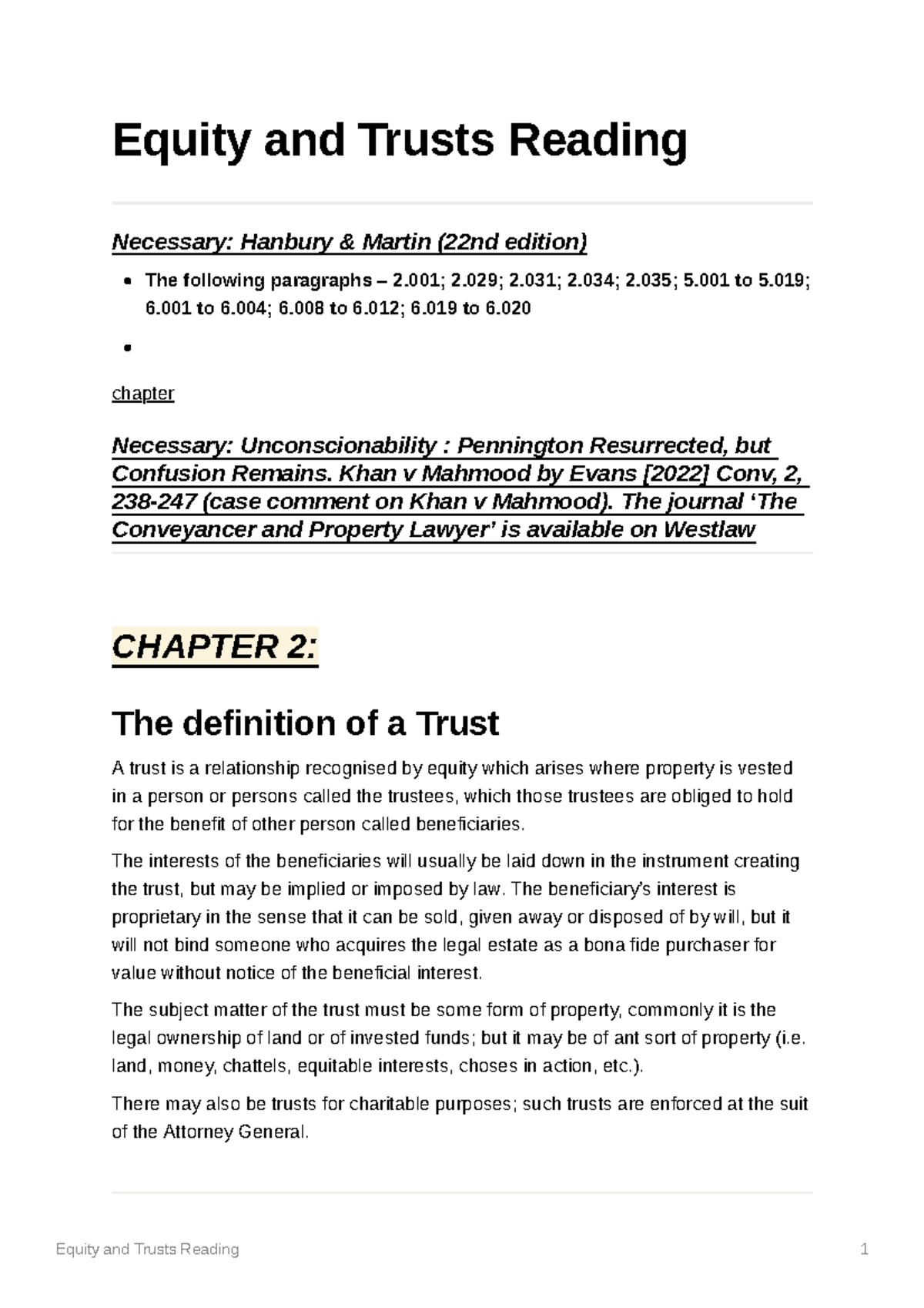 Equity and Trusts Readings: Key Concepts and Case Analysis - Studocu