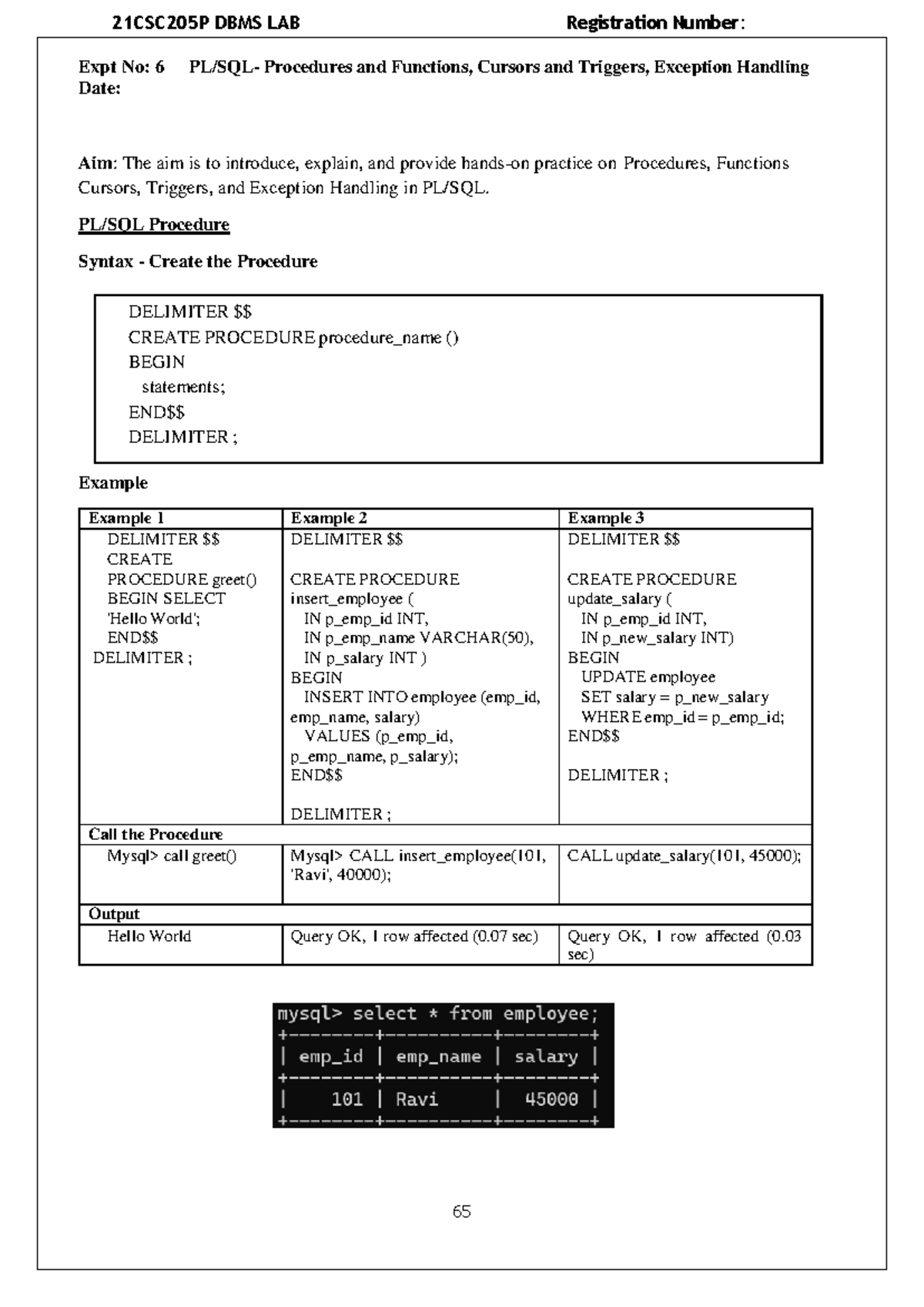 21CSC205P DBMS LAB: Procedures, Functions, Cursors & Triggers Guide ...