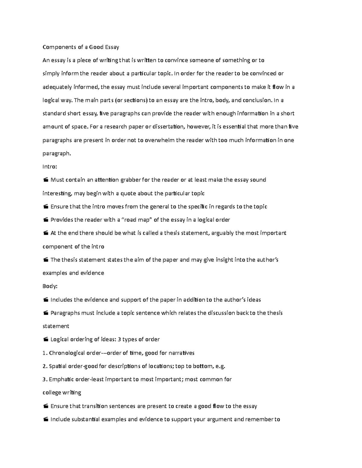 Components of a Good Essay - In order for the reader to be convinced or ...