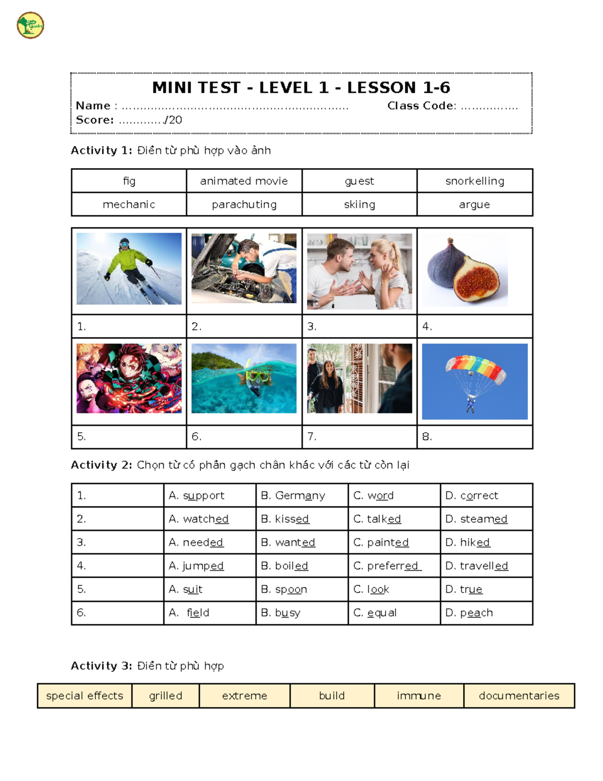 Mini Test L1 - Lesson 1: Vocabulary & Listening Activities - Studocu