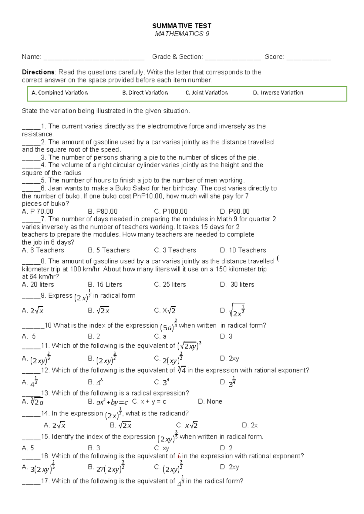 Mathematics 9 Summative Test on Variations & Radicals - Studocu