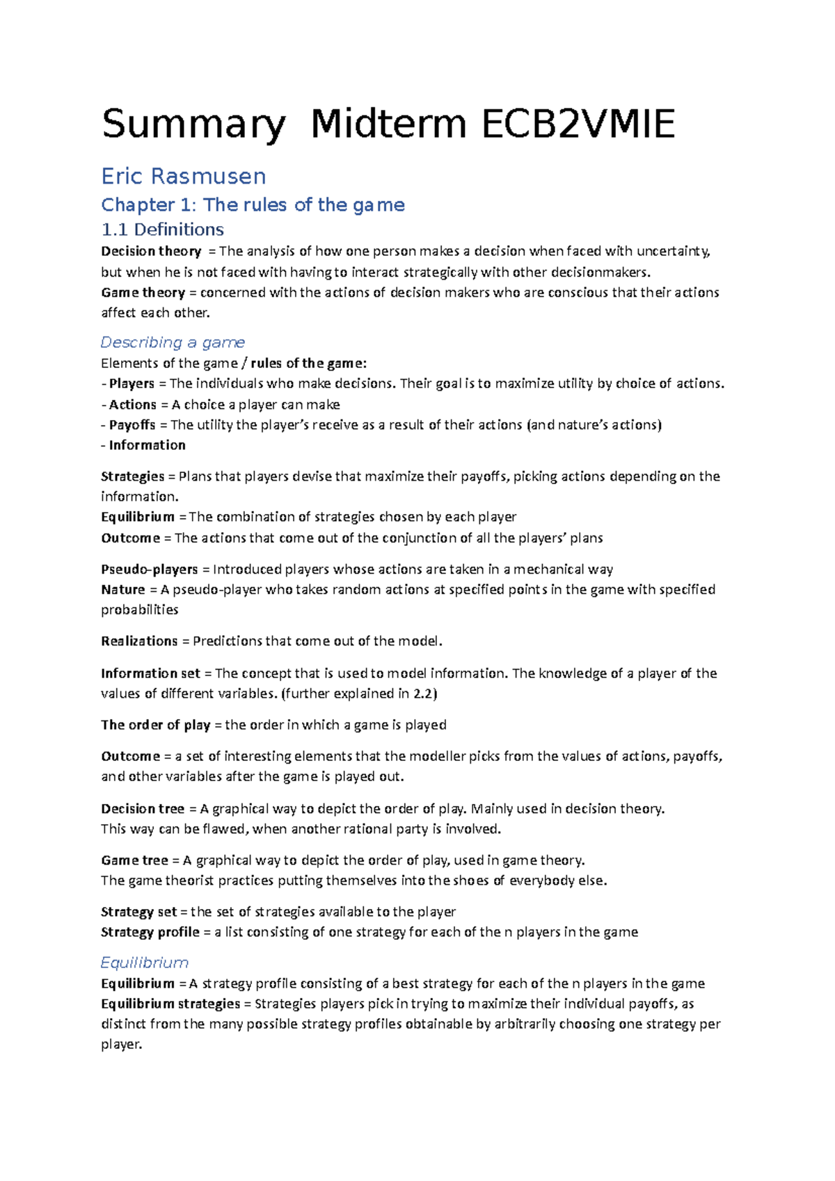 Midterm Summary Notes for ECB2VMIE: Game Theory Concepts - Studeersnel