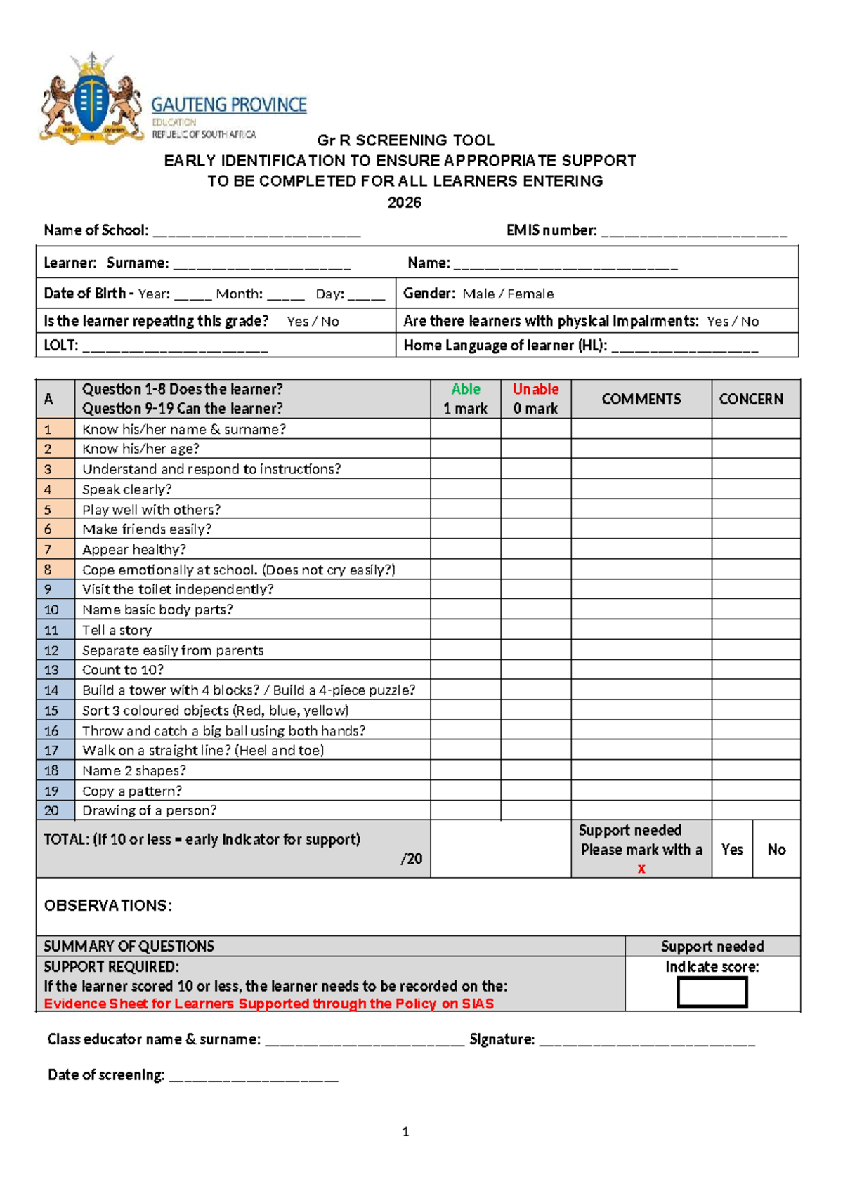 Screening Tool for Grade R - Early Identification 2026 - Studocu