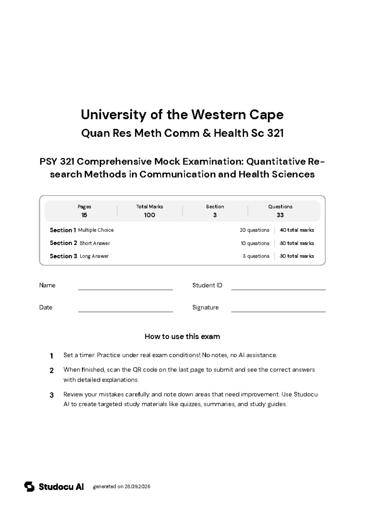 PSY 321 Mock Exam: Quantitative Research Methods - Studocu