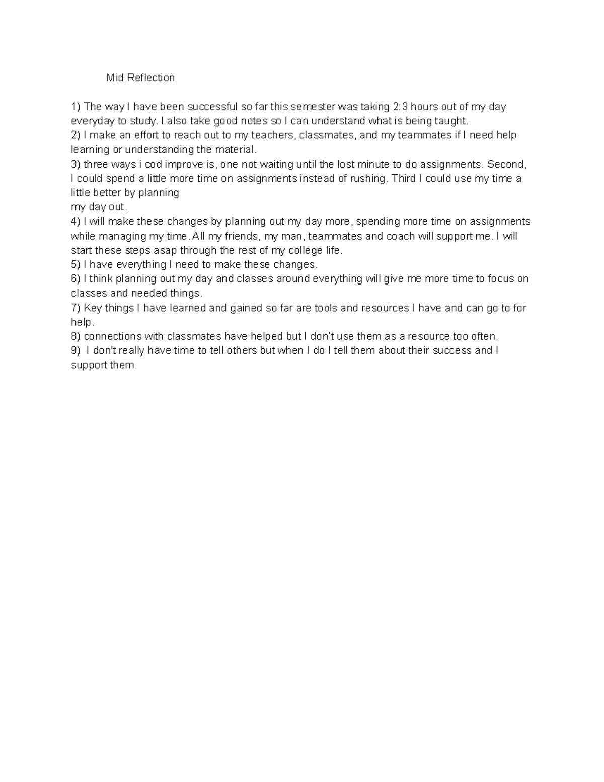 Midterm Reflection: Strategies for Academic Success and Improvement ...