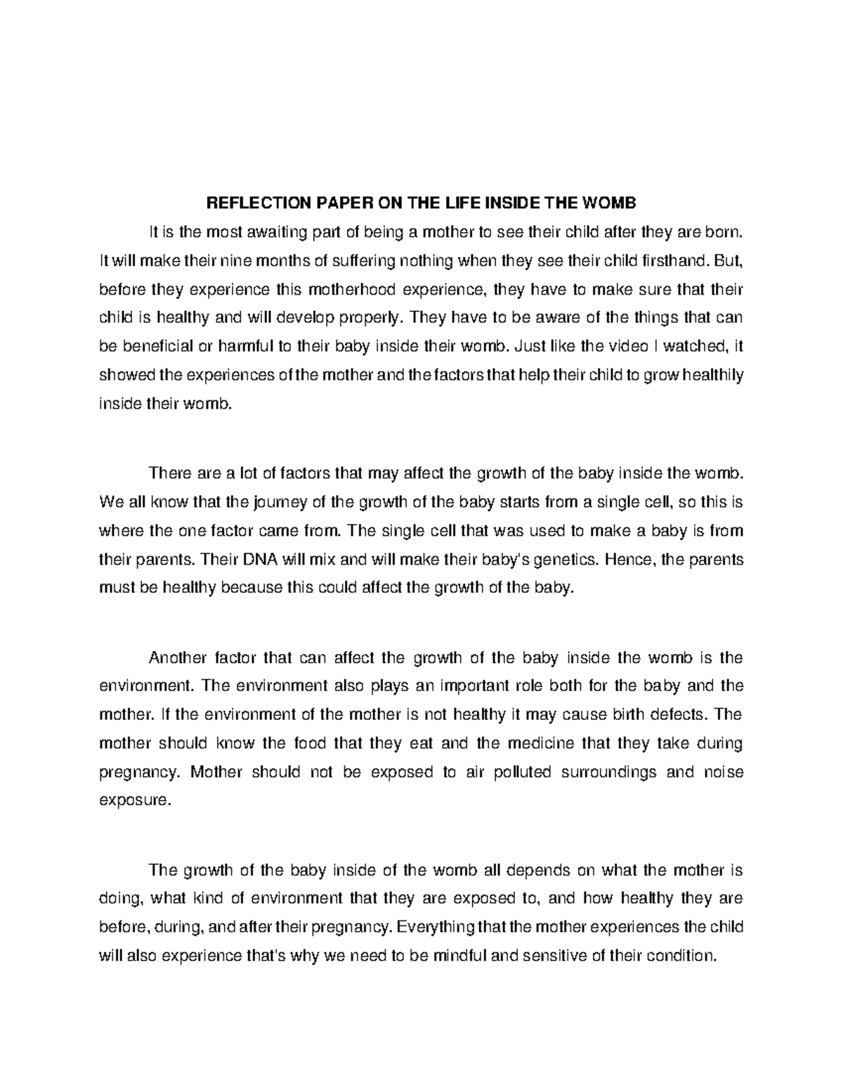 Reflection Paper on Factors Affecting Fetal Development - PSY1A - Studocu