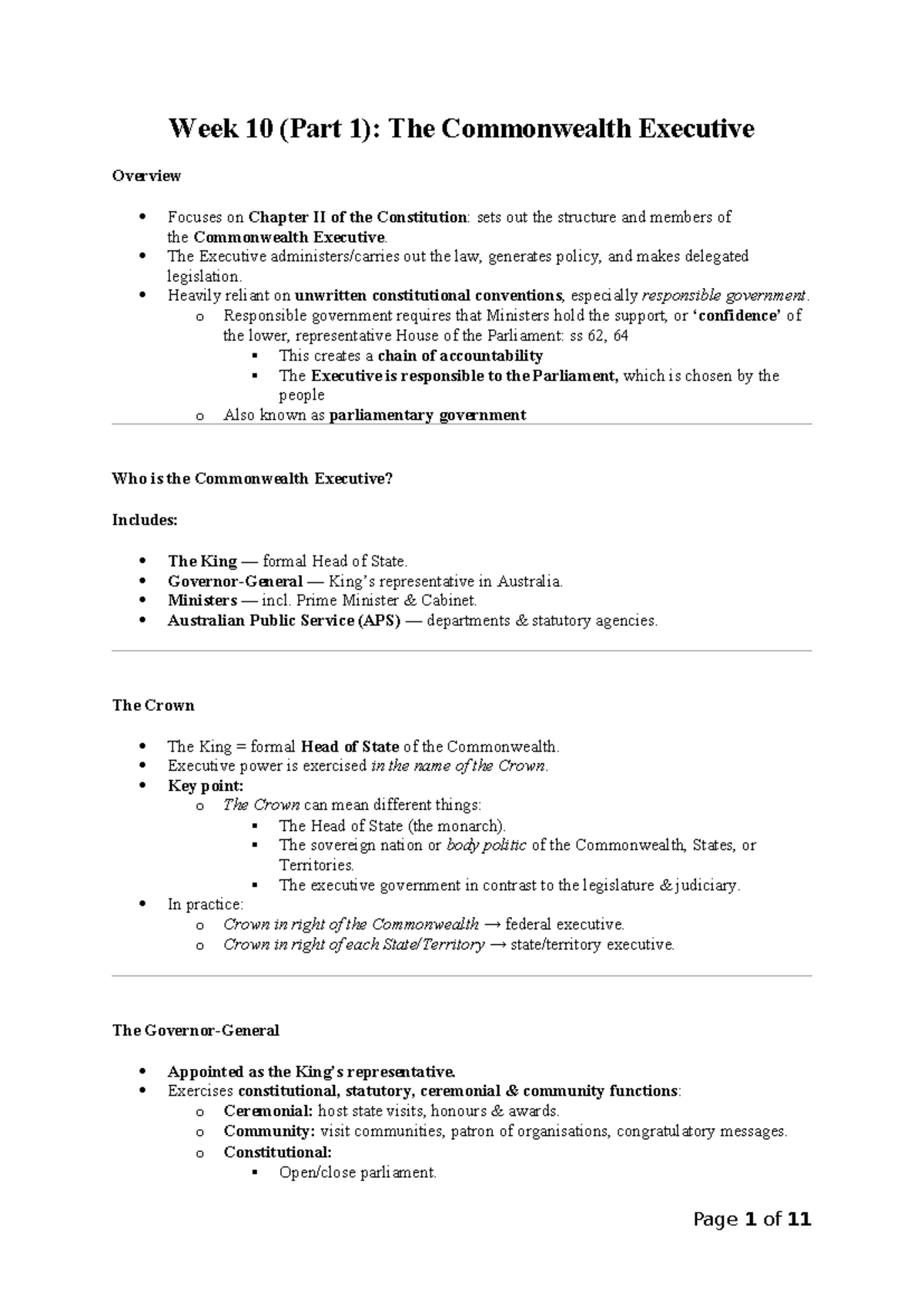 LLB203 Week 10 - Commonwealth Executive Overview Lecture Notes - Studocu