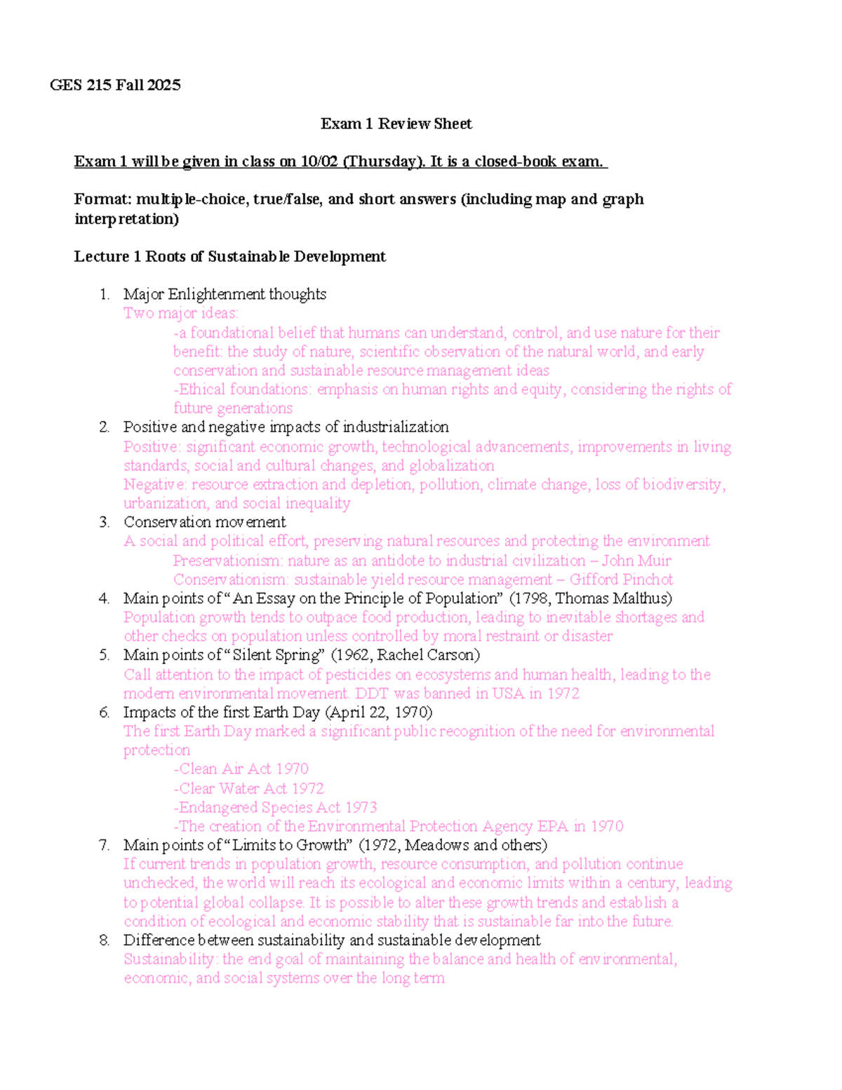 GES 215 Fall 2025 Exam 1 Review: Theories & Practices in Sustainability ...