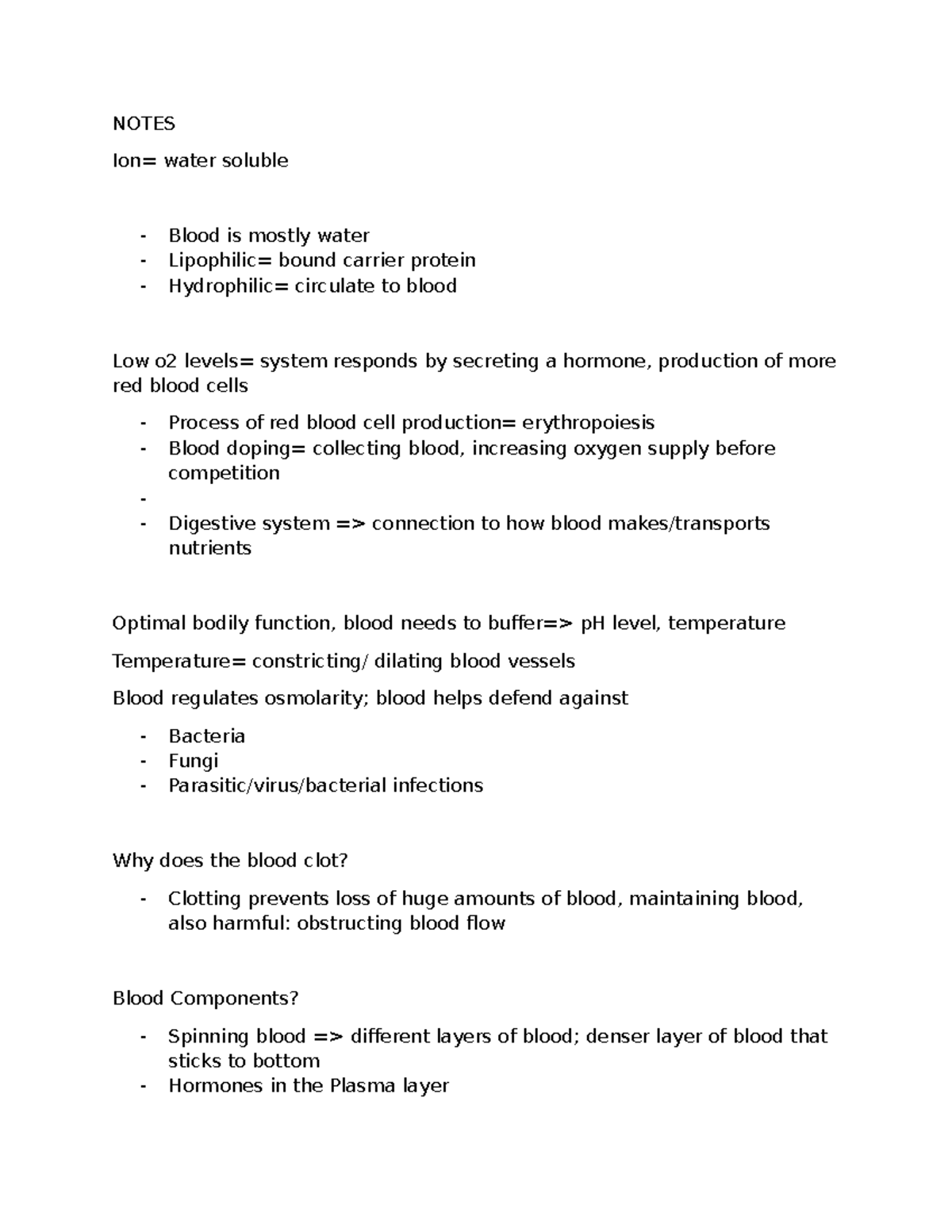 BIO101: Lecture Notes on Blood Composition and Function - Studocu