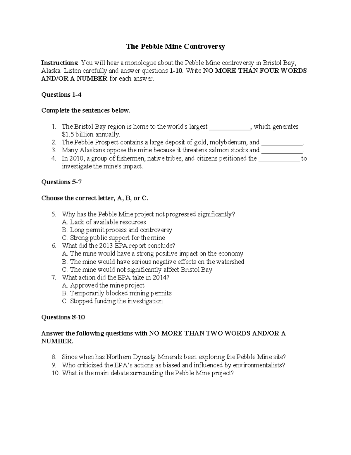 ALSK 101: Pebble Mine Controversy Study Questions - Studocu