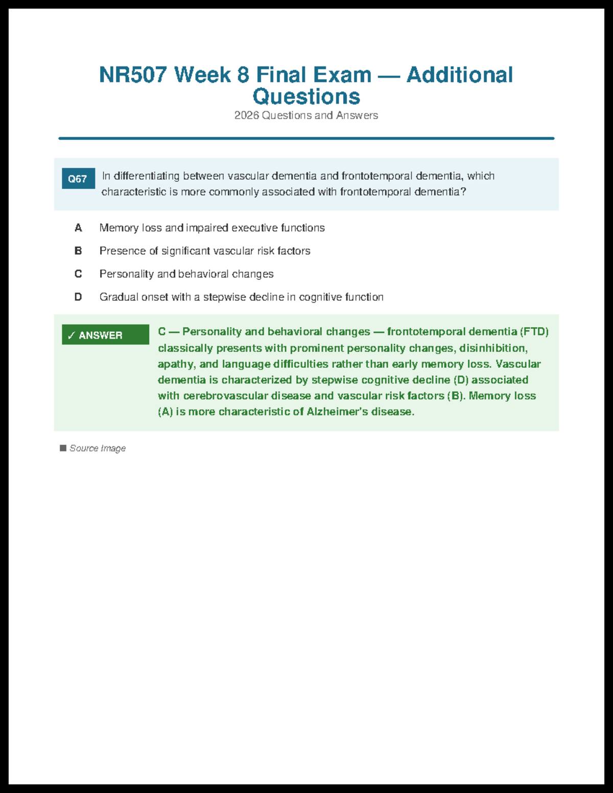 NR507 Week 8 Final Exam Q&A: Dementia & Schizophrenia Insights - Studocu