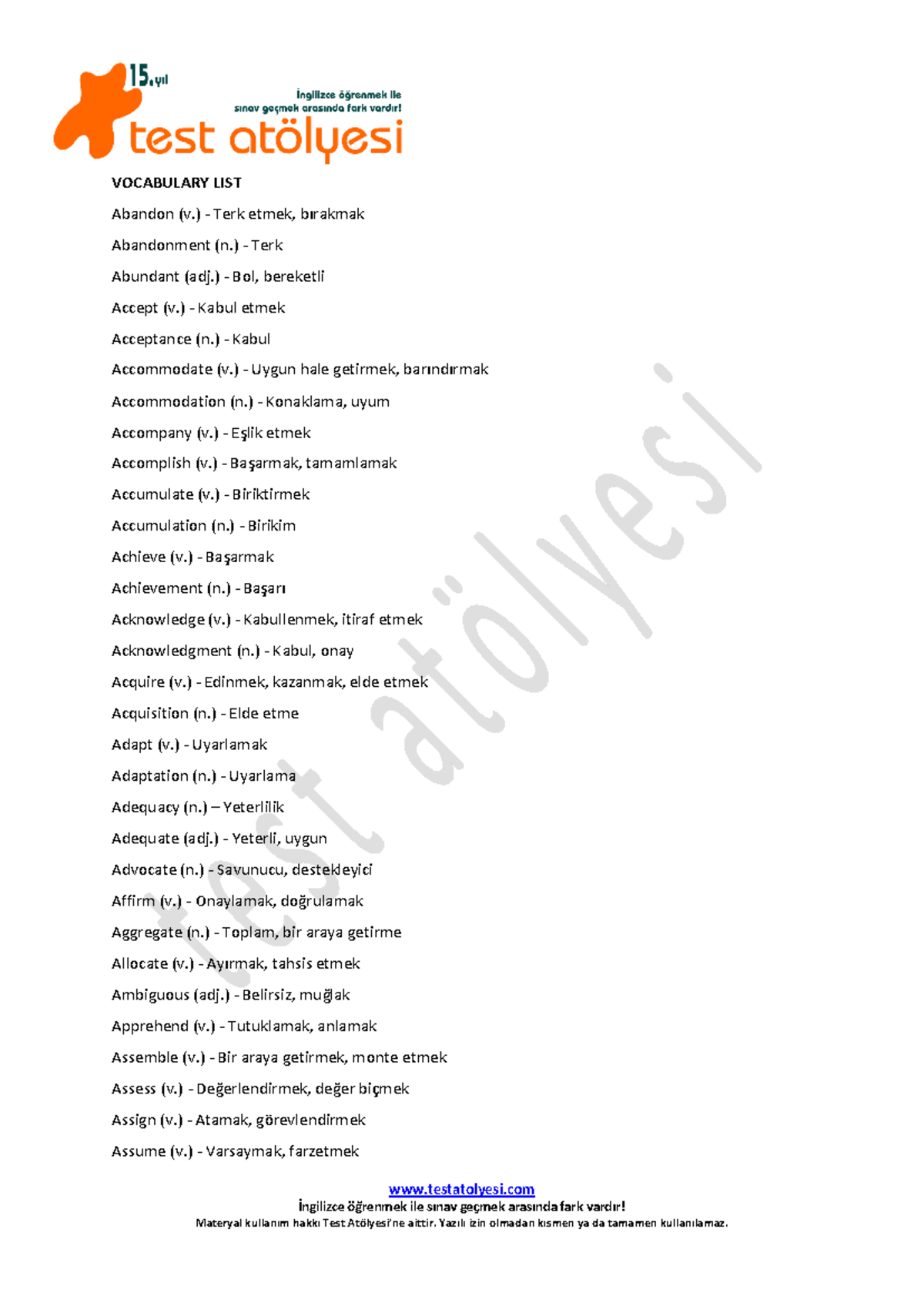 YDS Vocabulary List: Essential Words for English Proficiency - Studocu