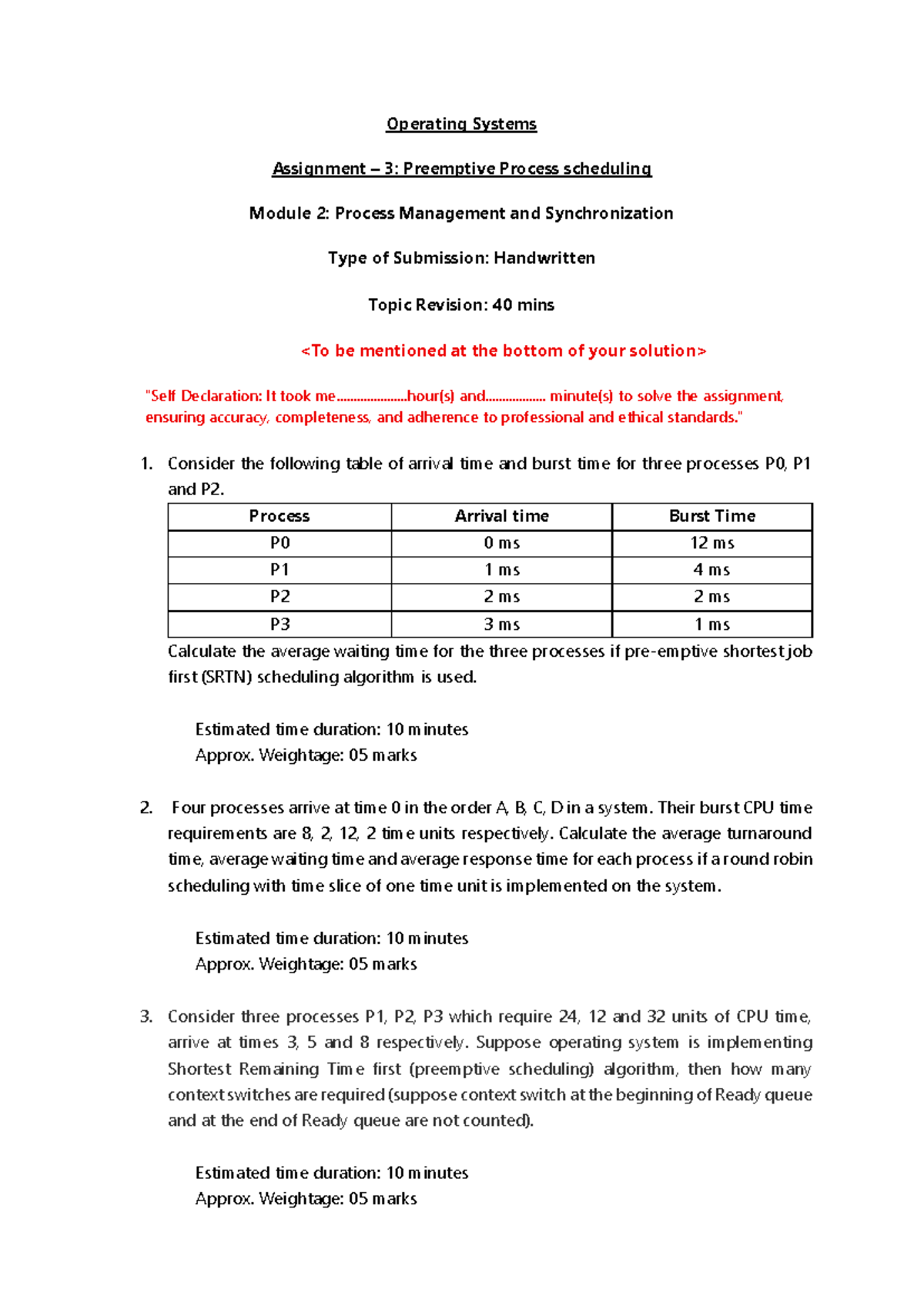 Operating Systems (OS) Assignment 3: Preemptive Scheduling Problems ...