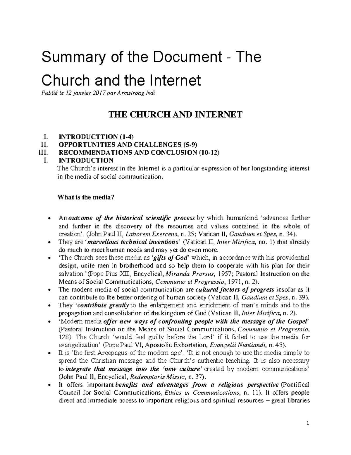 Pastoral Insights on the Church's Engagement with the Internet - Studocu
