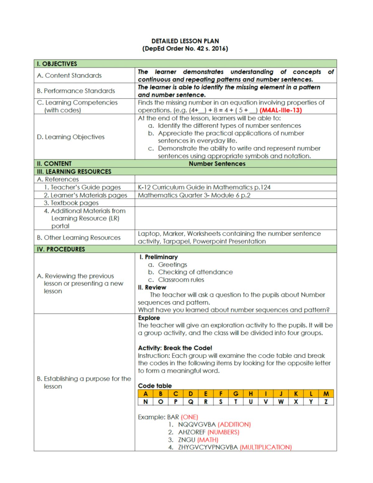 Sample Lesson Plan on Number Sentences (DepEd Order No. 42 S. 2016) - Document Preview