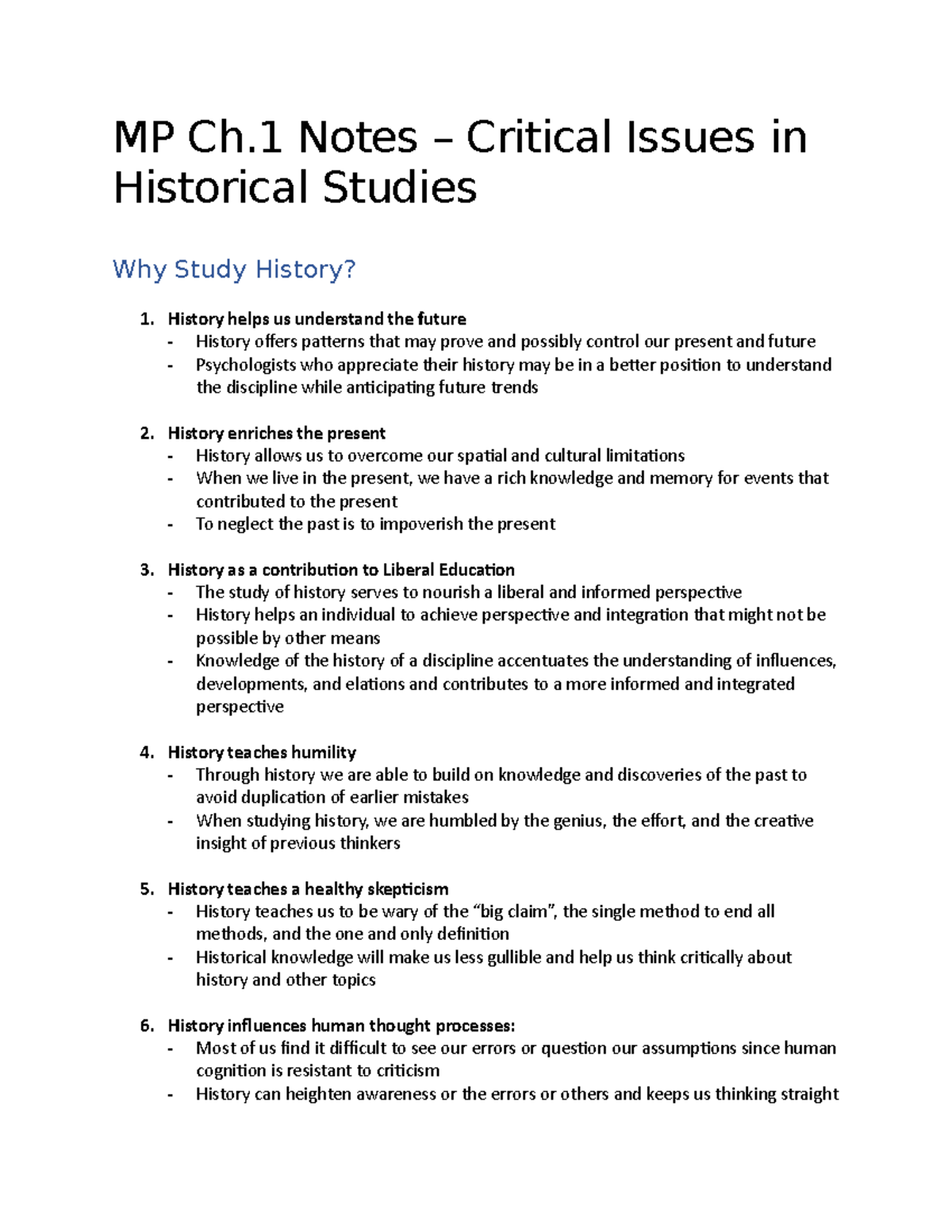 MP Ch1 Notes: Understanding Critical Issues in Historical Studies - Studocu