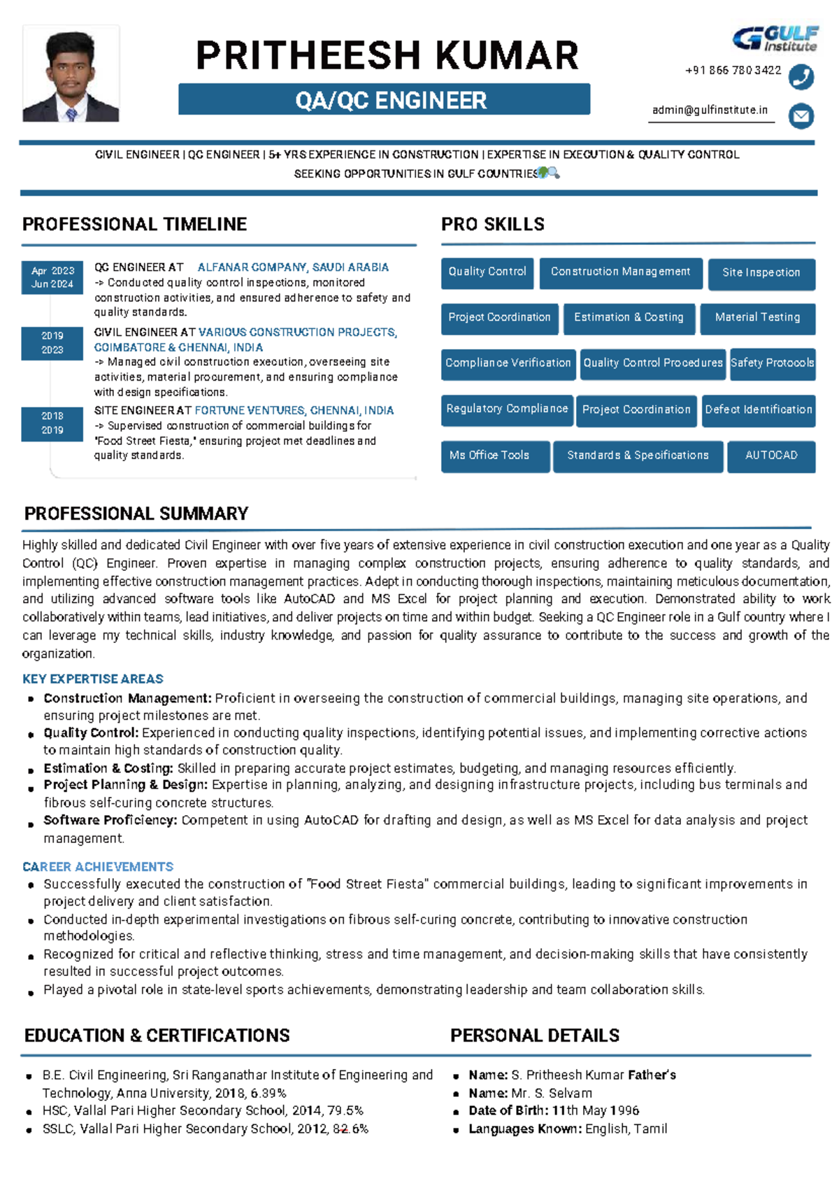 Pritheesh Kumar: QC Engineer Profile & Experience Overview - Studocu