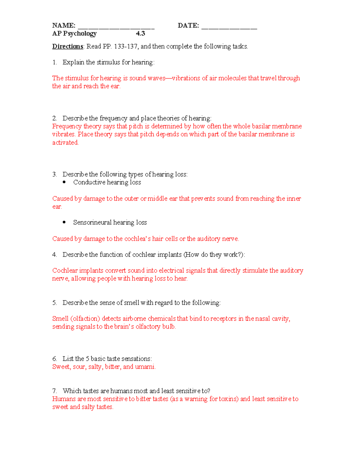 AP Psychology 4.3: Hearing, Smell, and Taste Sensations Explained - Studocu