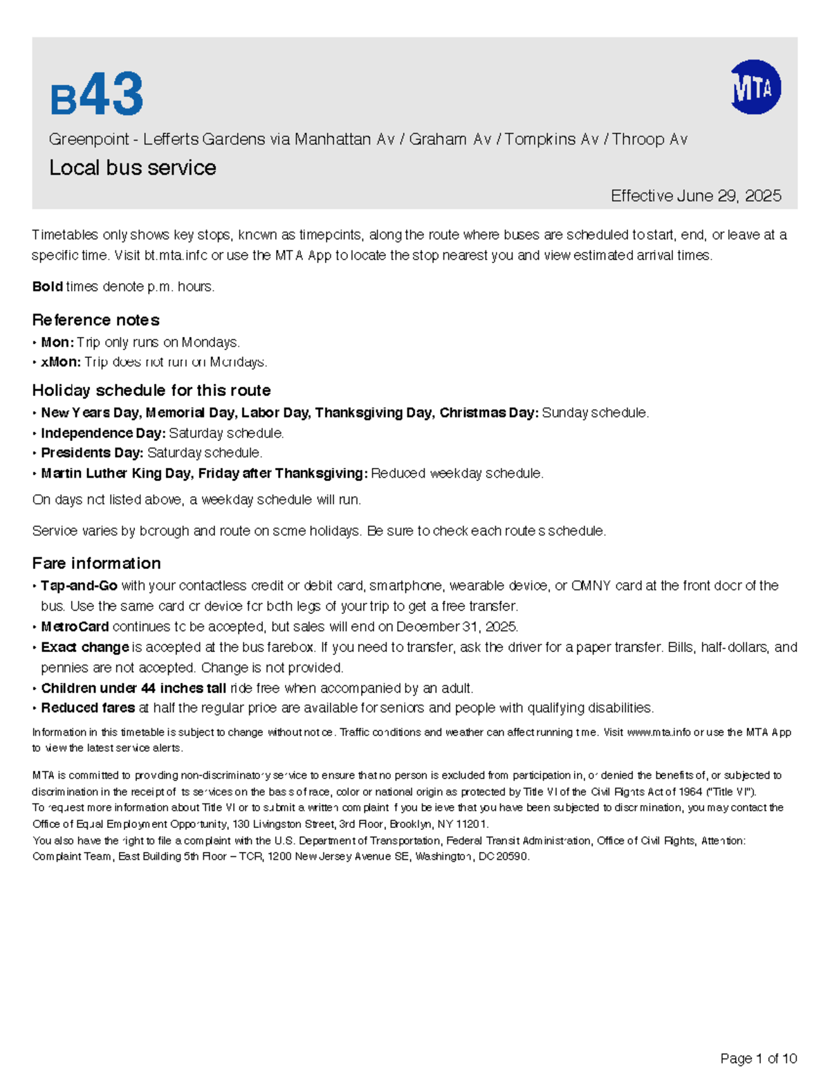 B43 Bus Timetable: Greenpoint to Lefferts Gardens (Effective 2025 ...