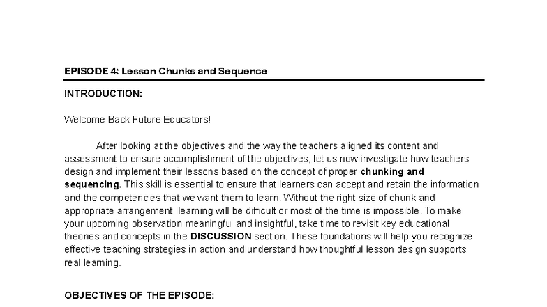 FS1 Episode 4: Lesson Chunks & Sequence Overview for Educators - Studocu
