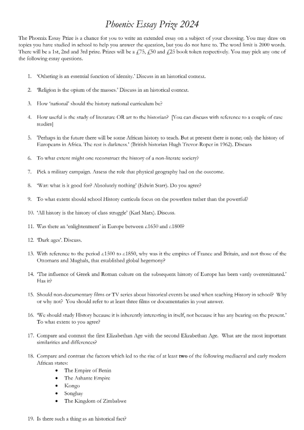 Phoenix Essay Prize 2024: Paper Questions & Guidelines - Studocu