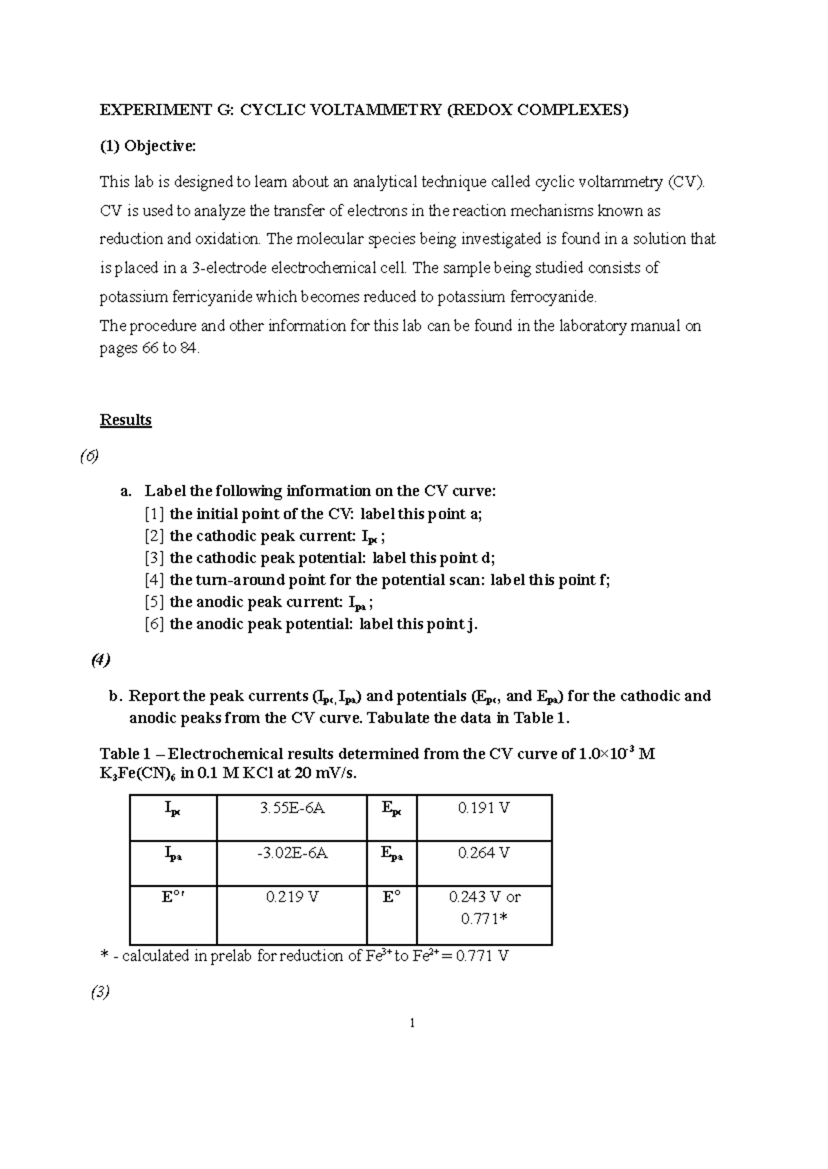 Cyclic Voltammetry Lab Assignment (CHEM 101): Analyzing Redox ...