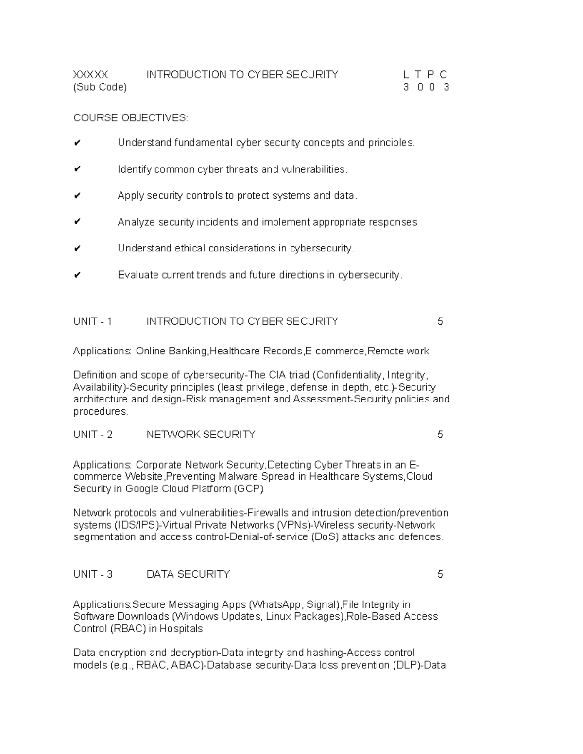 INTRODUCTION TO CYBER SECURITY SYLLABUS (SUB CODE) - COURSE DETAILS ...
