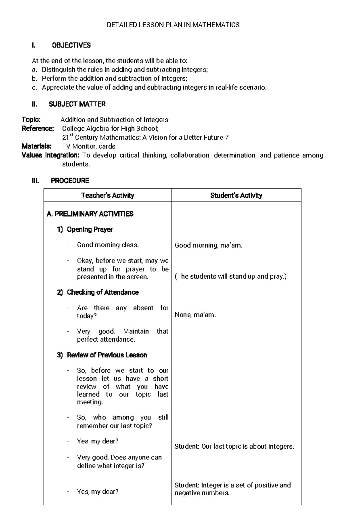 Detailed Lesson Plan on Addition and Subtraction of Integers (BSed 4 ...