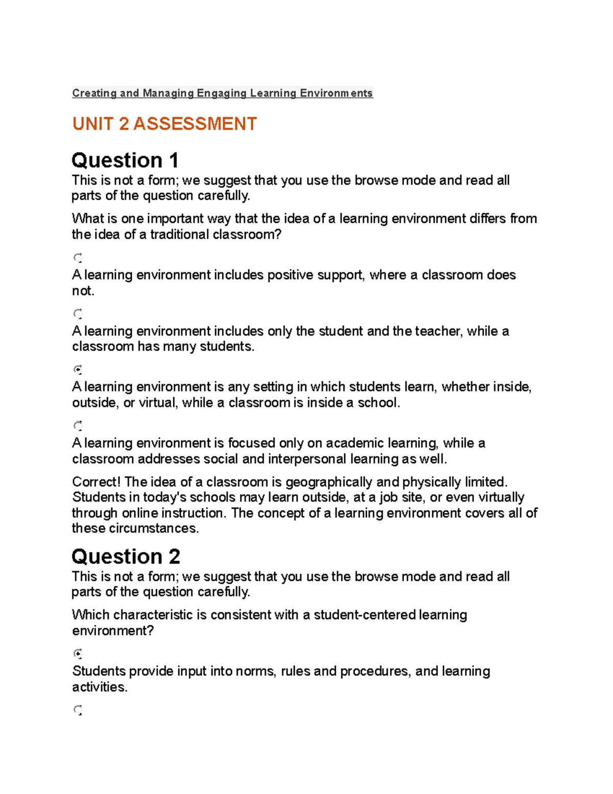 Creating and Managing Engaging Learning Environments: Unit 2 Quiz - Studocu