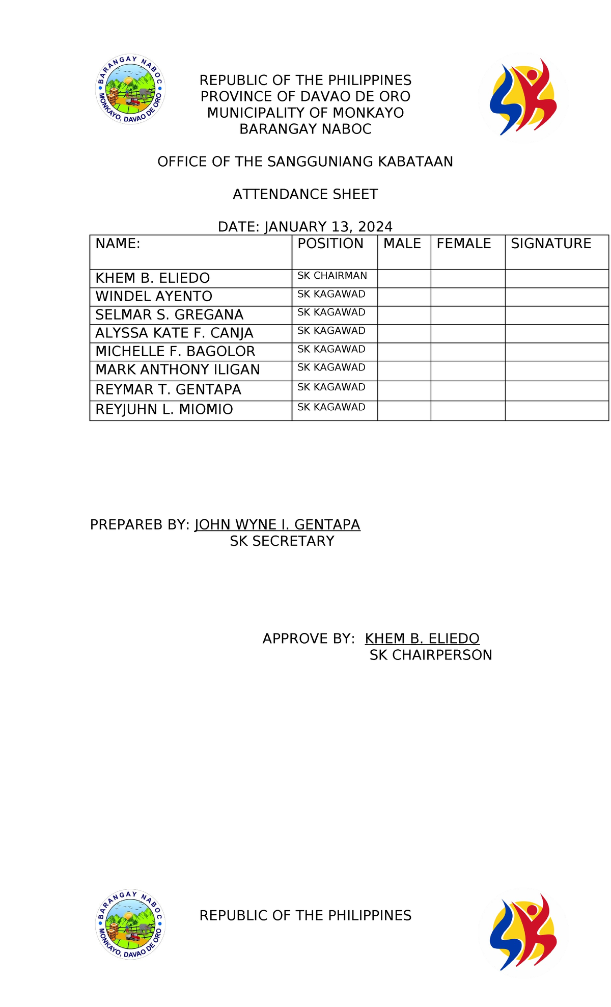 Attendance Sheet - CITE - REPUBLIC OF THE PHILIPPINES PROVINCE OF DAVAO ...