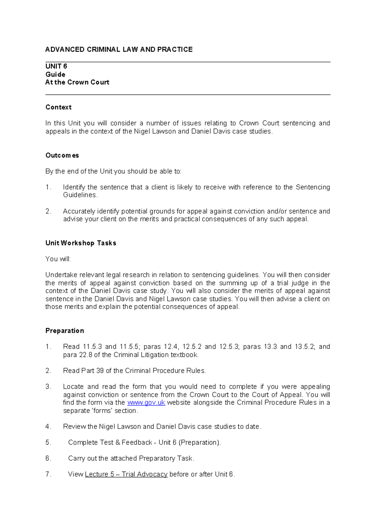ADVANCED CRIMINAL LAW AND PRACTICE UNIT 6 Workshop on Crown Court ...