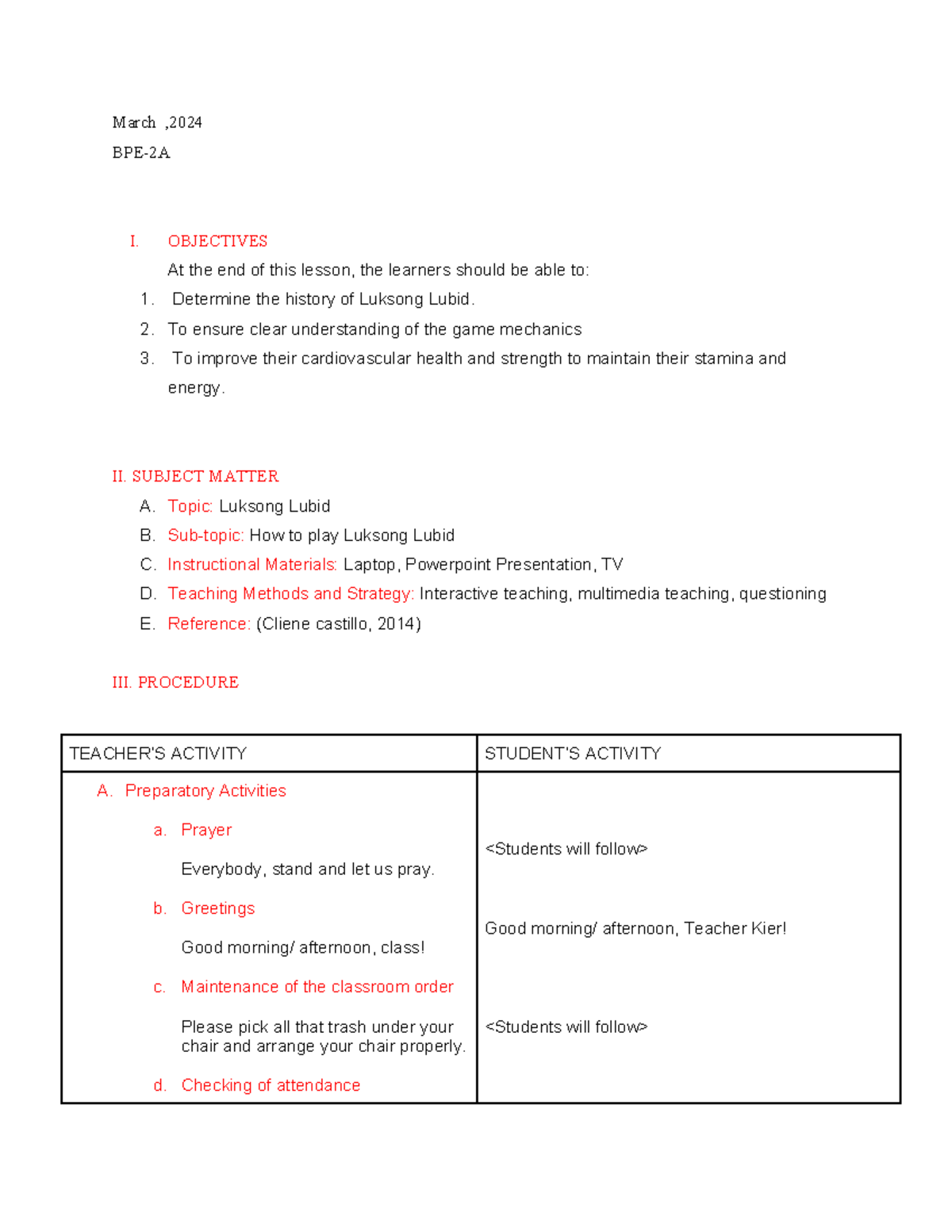 BPE-2A Lesson Plan: Understanding Luksong Lubid Mechanics - Studocu