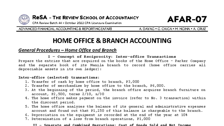 AFAR 07 Home Office & Branch Accounting Review Notes - Document Preview