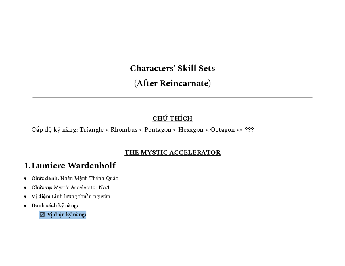 Characters' Skill Sets Overview (CHÚ THÍCH) - Studocu