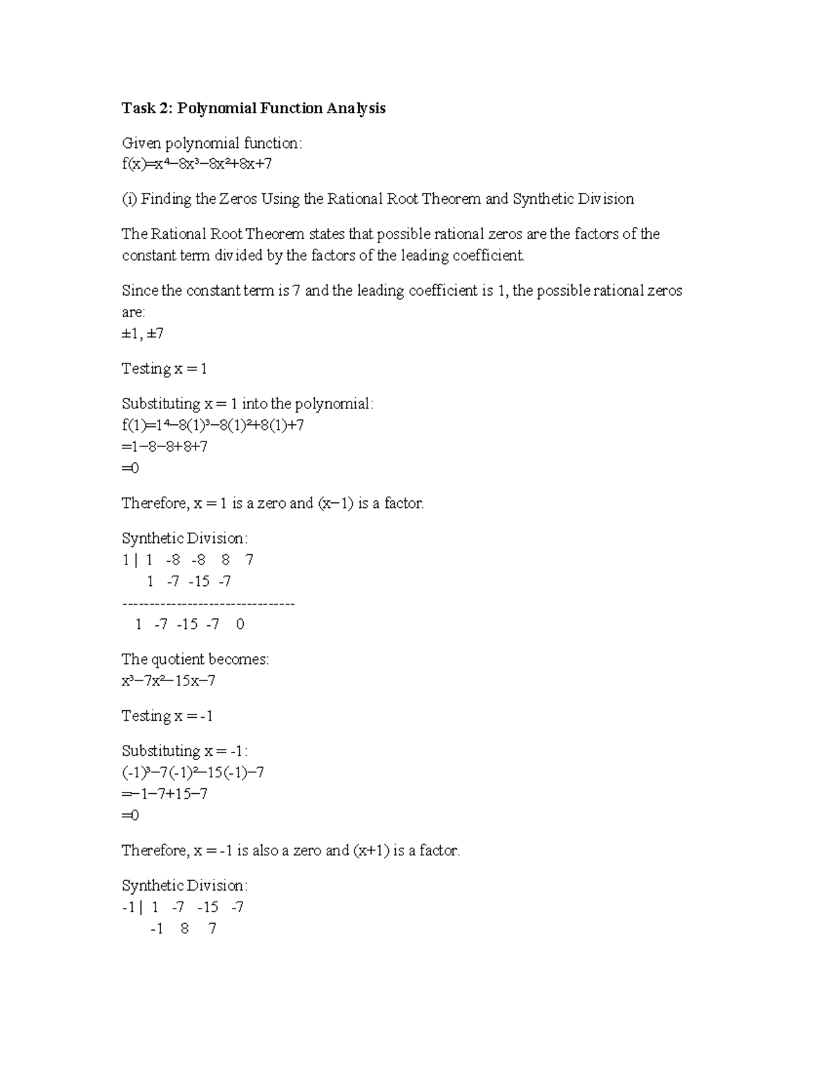 Maths Assignment 4: Polynomial Function Analysis and Zeros - Studocu
