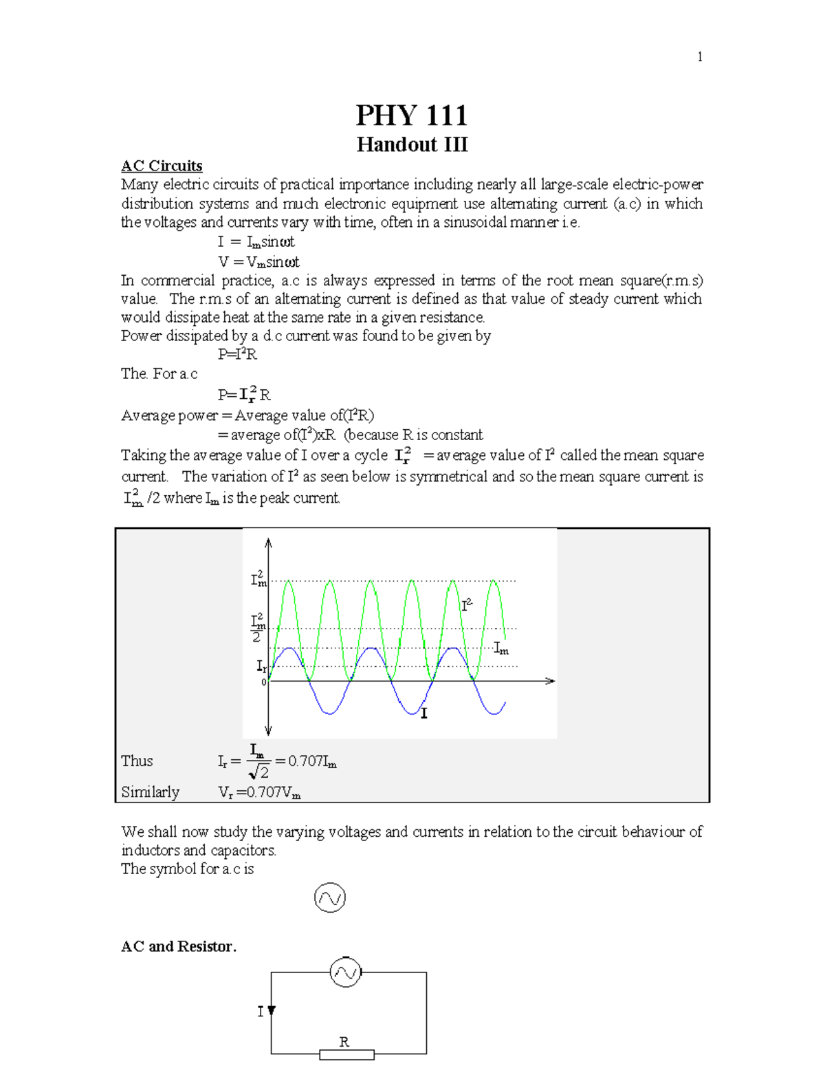 PHY 111 Handout III: AC Circuits Overview - Studocu