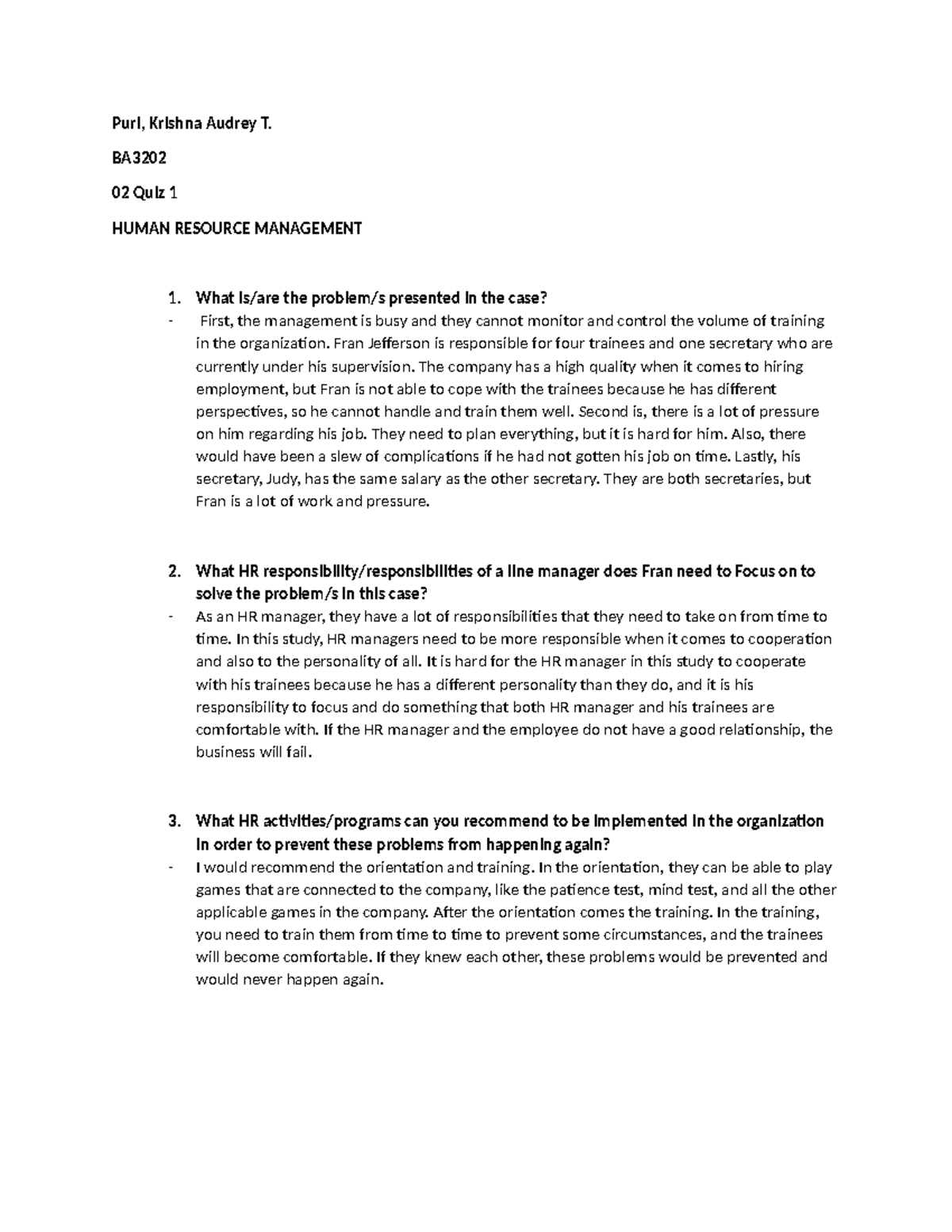 02 QUIZ 1 HRM CASE STUDY ANALYSIS - HR PURI - Studocu