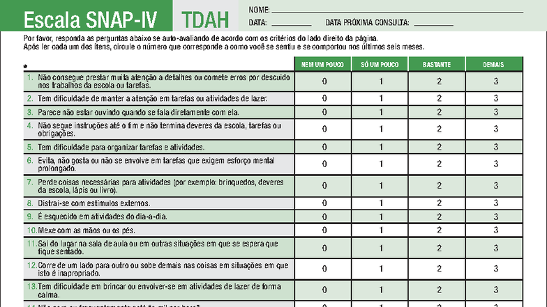 Escala SNAP-IV para Avaliação de TDAH: Respostas e Critérios - Studocu