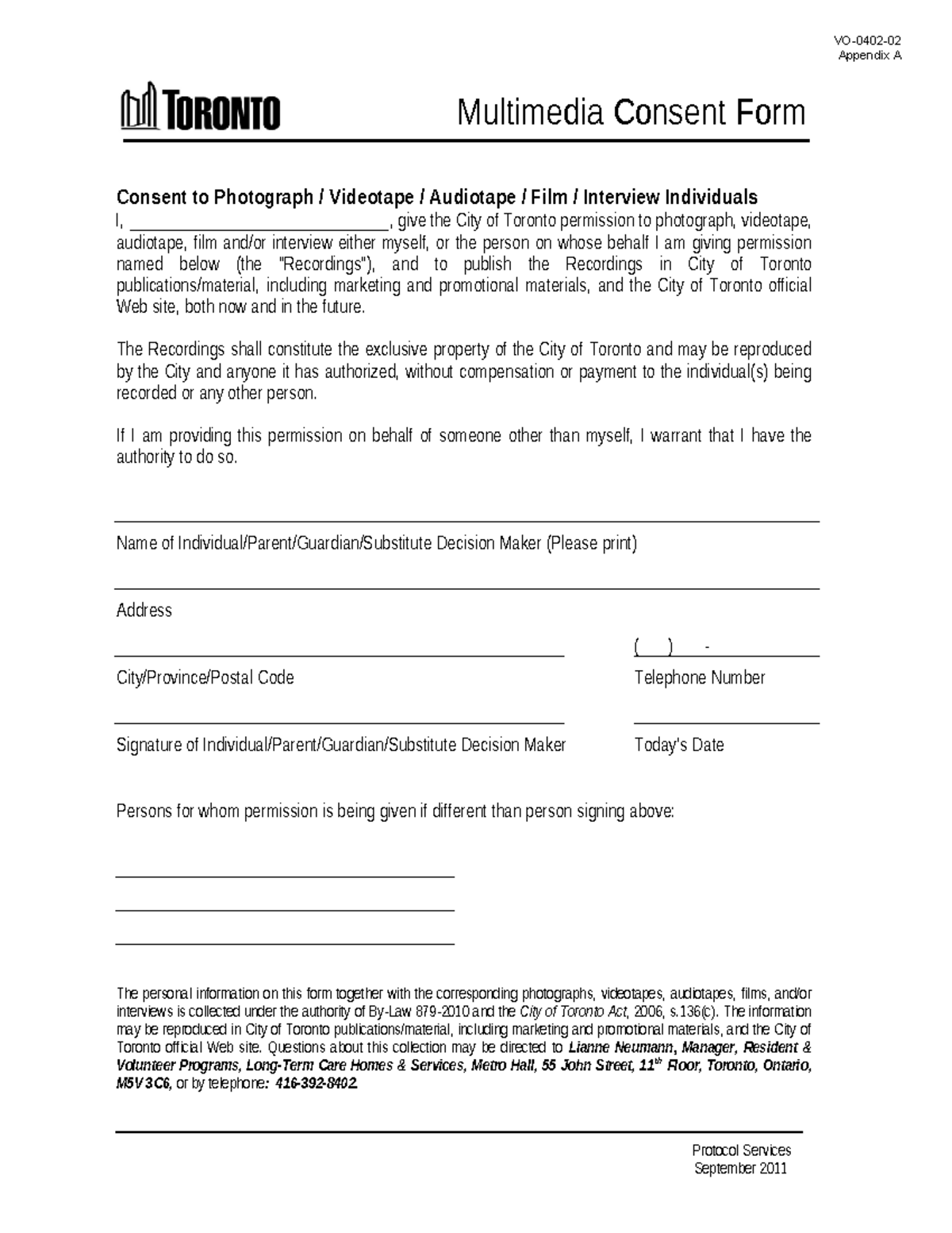 Multimedia Consent Form for City of Toronto - September 2011 - Studocu