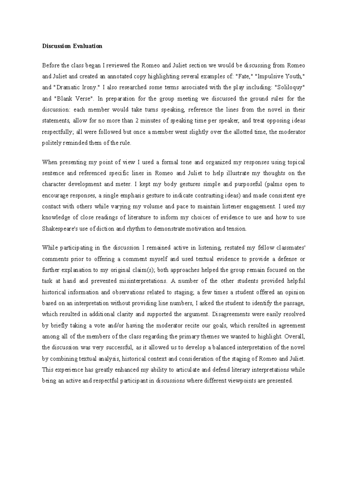 Discussion Evaluation of Romeo and Juliet - ENG 101 - Studocu